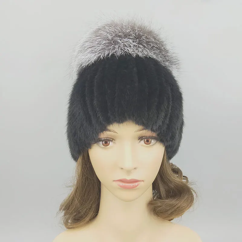 silver fox fur ball Новая дизайнерская женская шапка из натурального меха норки, теплая натуральная норка, меховые шапки с натуральным помпон из лисьего меха, зимняя шапка для девочек - Цвет: silver fox fur ball