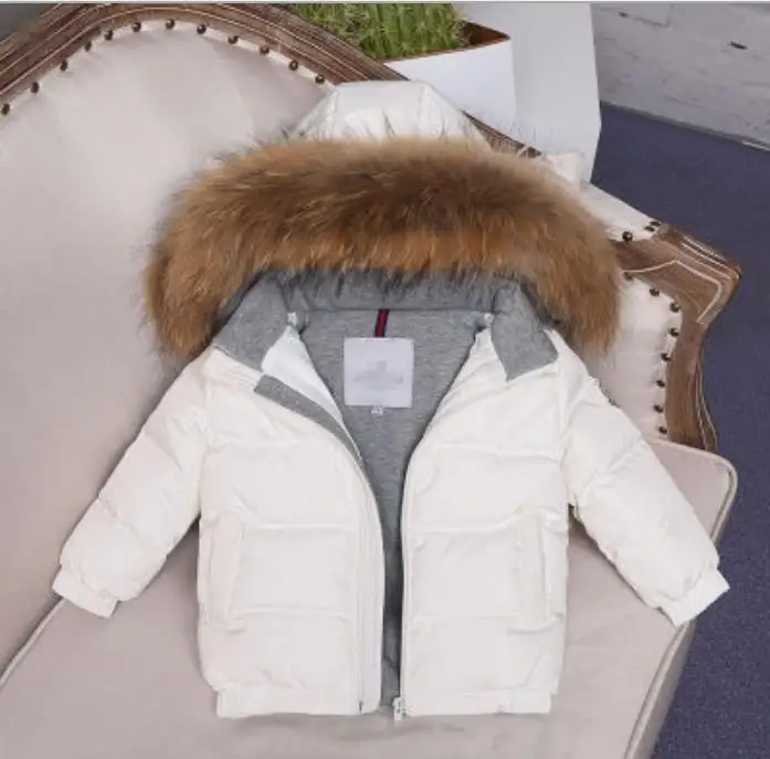 white Leopard fur Новые детские пуховики с большим воротником из натурального меха для маленьких девочек и мальчиков, 90% белый утиный пух, верхняя одежда хорошего качества, пальто, ws139 - Цвет: white Leopard fur