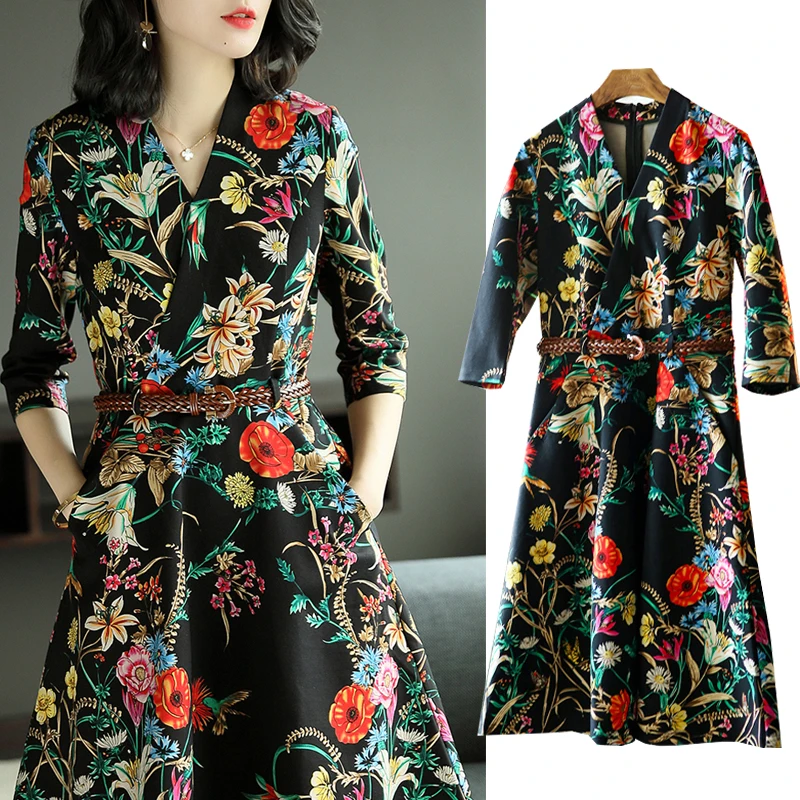 

Plus Size Retro Print Dress Female 2018 Spring and Autumn Was Thin Fashion V Collar A Word Dress