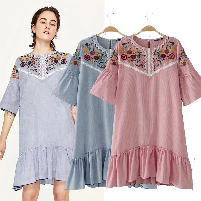 Sexemara женщины sweet оборками цветочные вышивка полосатый dress o шеи половина рукава