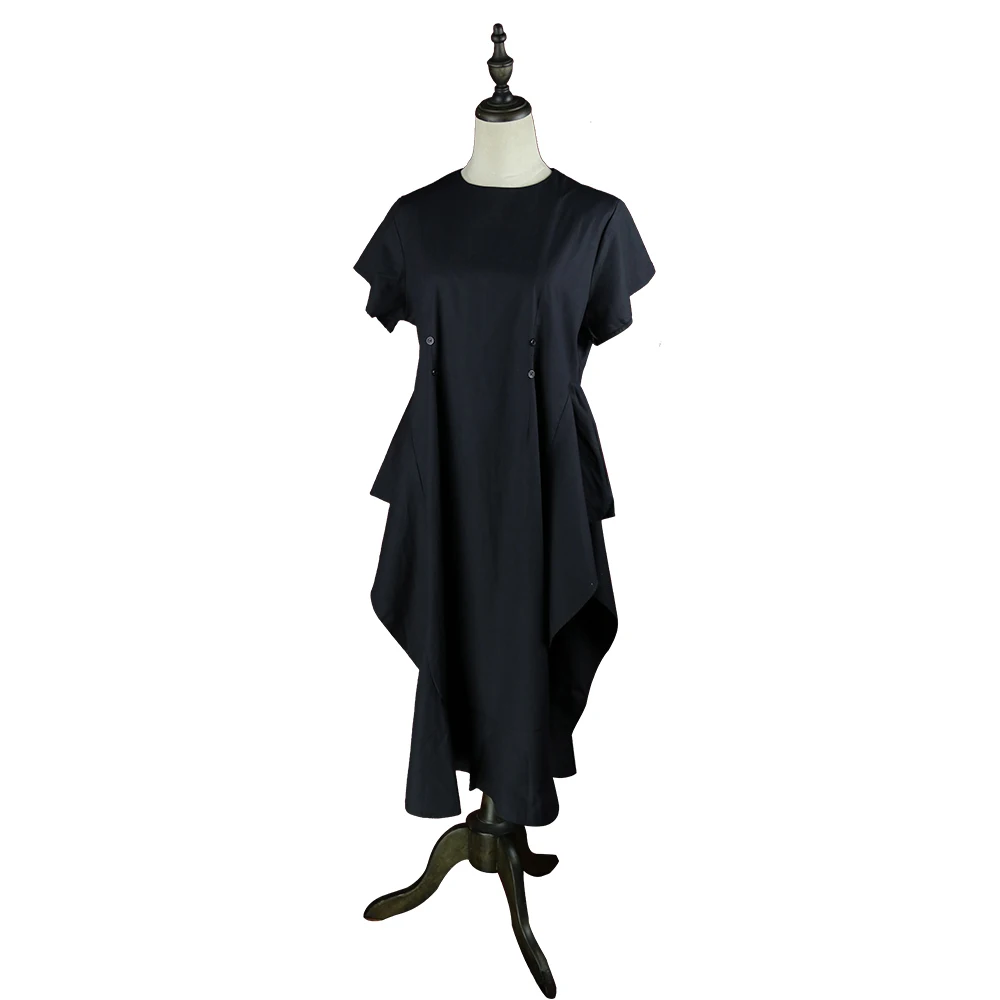 

Steampunk Retro Black Lotus Leaf Sleeve Dress Summer New Round Neck Stereo Short Sleeve Belt Splicing Irregular Lace Dress Femal