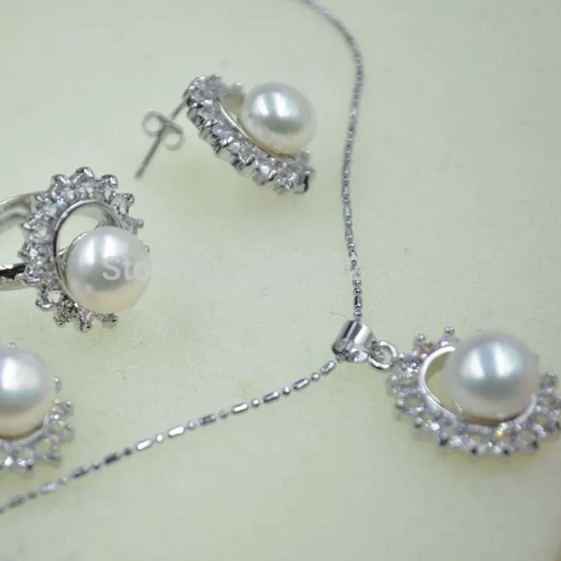 Ожерелье и кольцо из пресноводного жемчуга 9-10 мм кулон серьги с подвеской 1