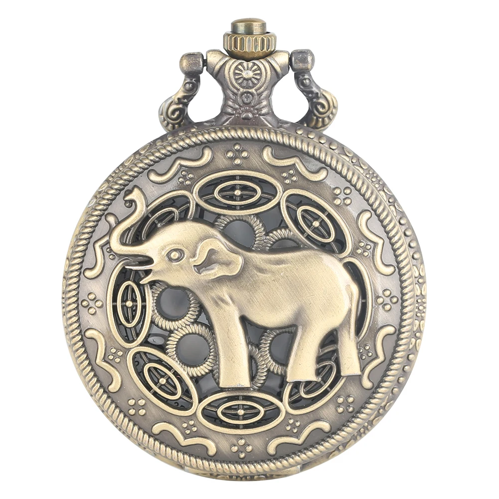 

Hollow Asian Elephant Pattern Fob Watch Vintage Bronze Quartz Pocket Watch Necklace Pendant Clock Retro Chain Gifts Dropshipping