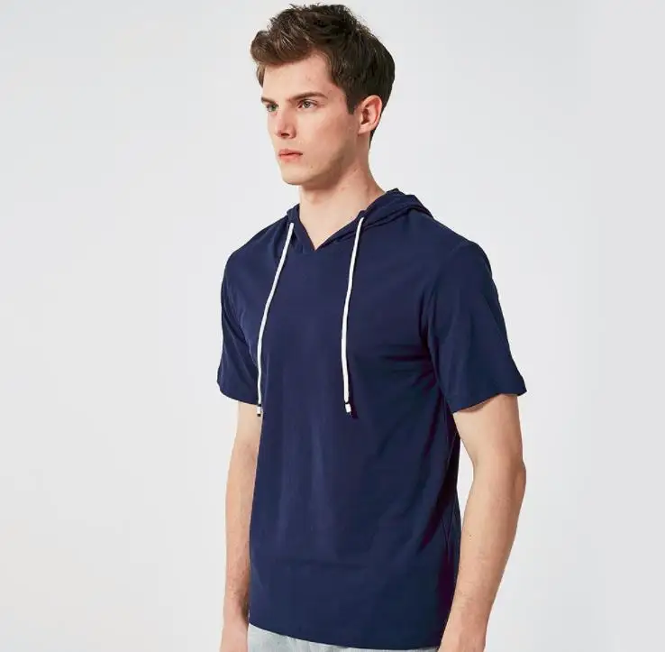 

2019 Summer Men tshirt Hooded Casual Collar Tops Tees Short Sleeve T-Shirt Homme Slim Elastic Hood Design Male Cotton T Shirt