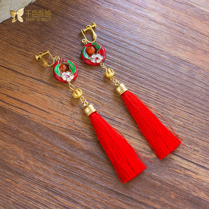 Long women earrings tassel gorgeous chinese style clip earring wedding party pendant girl festival decoration qx025 | Украшения и