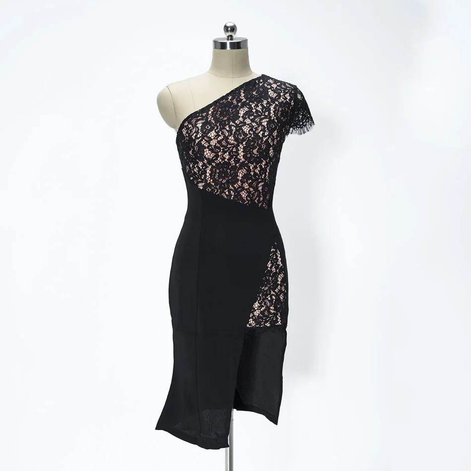 A810 Одно Плечо Сторона Сплит черный кружевное платье|lace dress|black lace dressone shoulder |