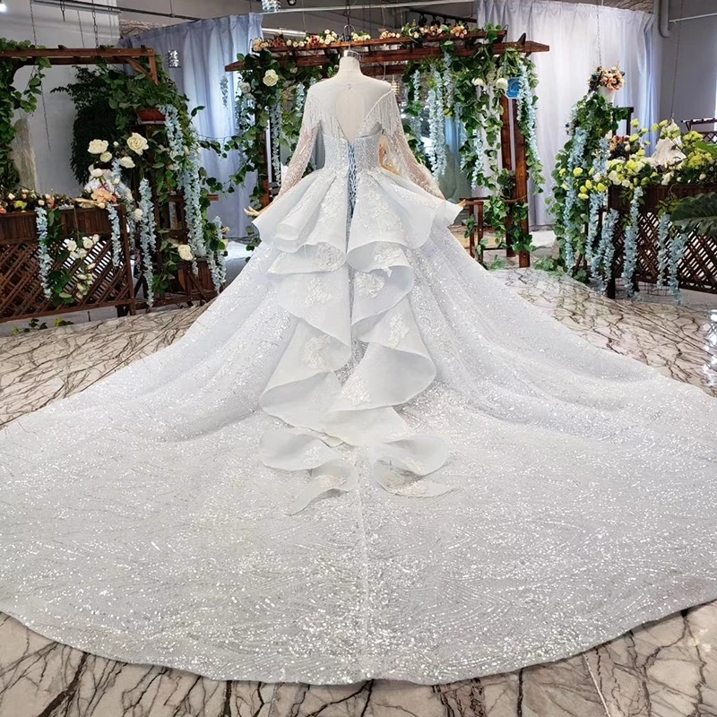 HTL531 роскошное свадебное платье со шлейфом круглым вырезом длинными рукавами