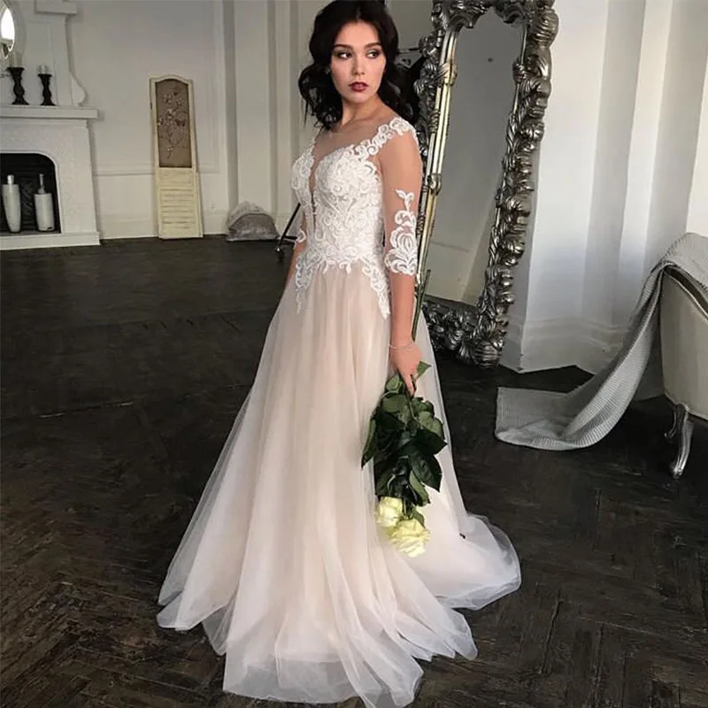 Vintage A Line Wedding Dresses With Three Quarter Length Sleeves Appliques Bridal Gowns Floor Elegant Russia Gown | Свадьбы и