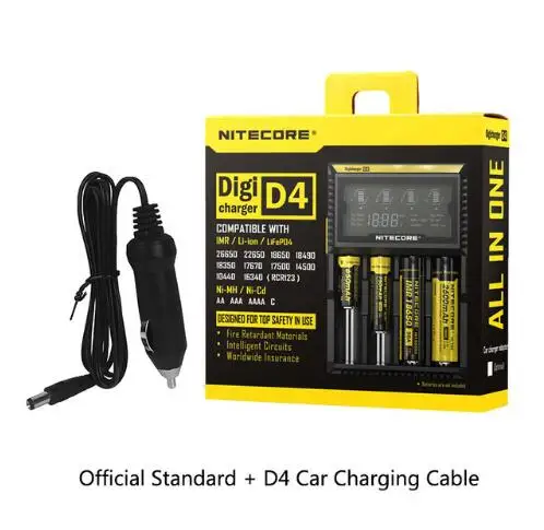 n Car charging cable Оригинальное зарядное устройство Nitecore D4 Батарея Зарядное устройство ЖК-дисплей с функцией умной зарядки для 18650 14500 16340 26650 батареи 12V Зарядное устройство для AA AAA батареи - Цвет: n Car charging cable