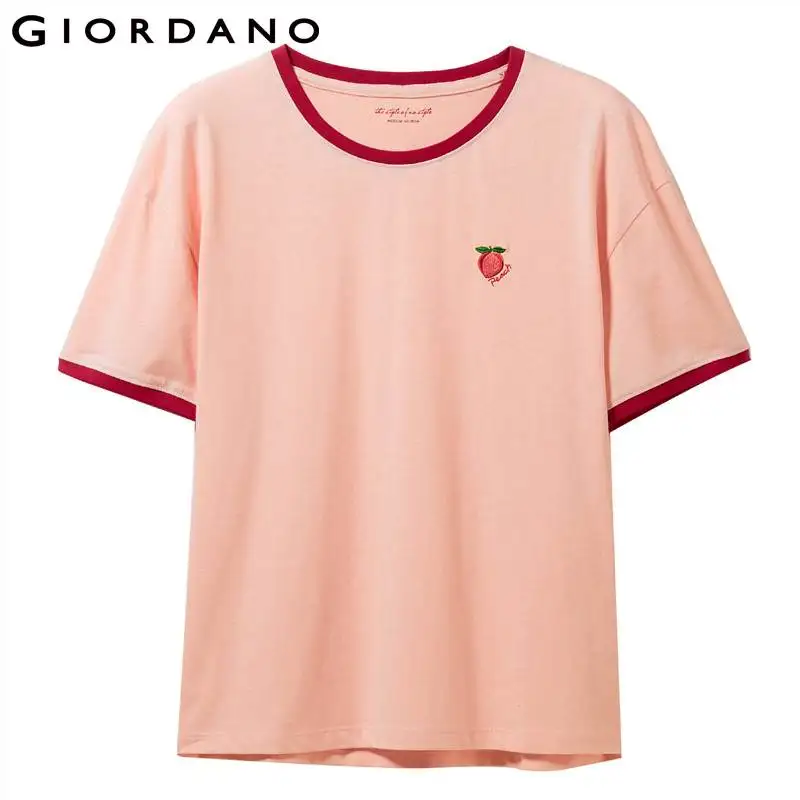 Giordano Women Tshirt Women Embroidery Fruits Contrast Color Crewneck Short Sleeve Tees Women Soft Cotton Fasion Women T Shirt - Цвет: 29Pink