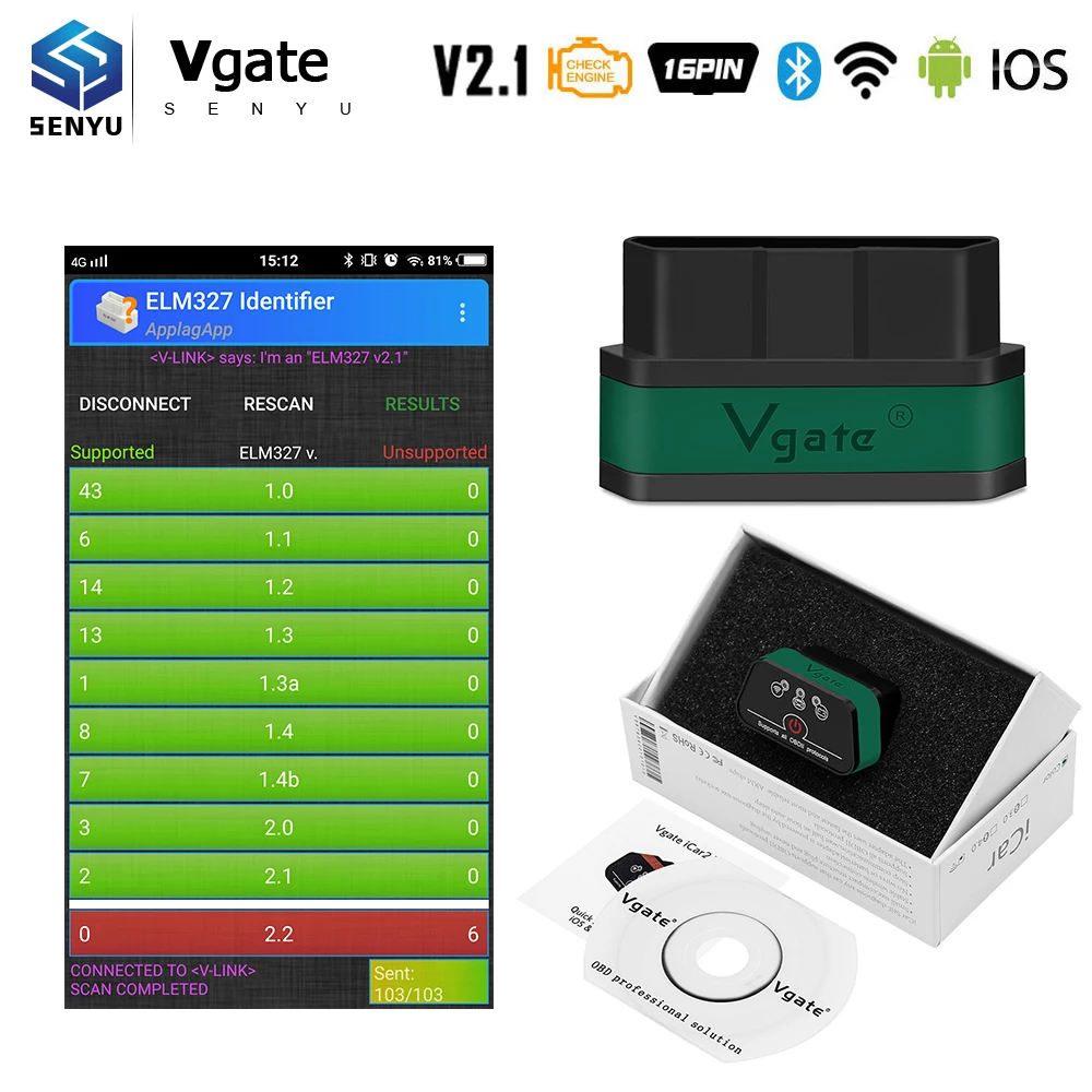 Vgate iCar2 V2.1 elm327 OBD2 Wifi Bluetooth сканер для Android/IOS Wi Fi iCar 2 автомобильный диагностический