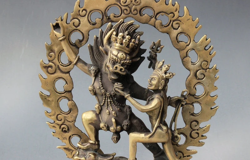 8-дюймовая старая тибетская буддистская латунная статуя Ямантака Будда яма