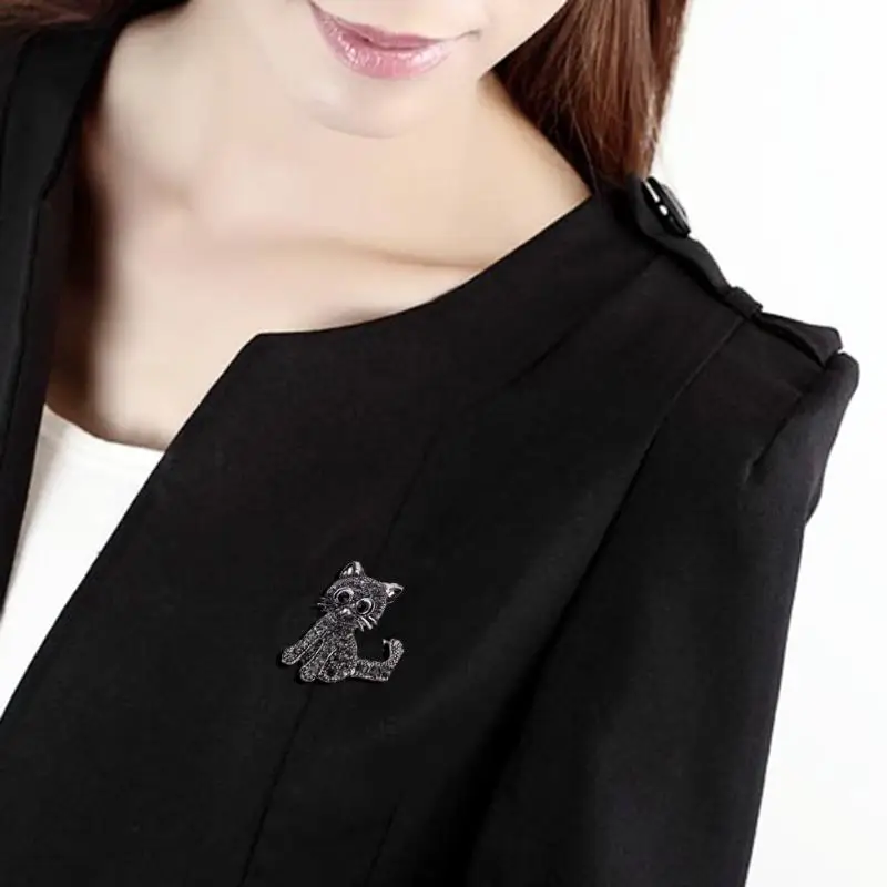 Модная винтажная черная брошь с кристаллами и милым котом булавки животными 28*31*3