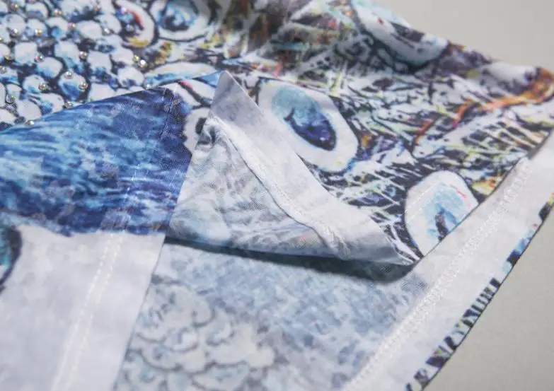 

plus size 4XL! summer new silk cotton short-sleeved t-shirt women blue peacock open screen slim top tees