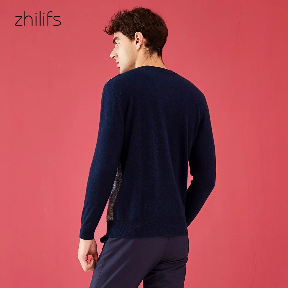 Zhilifs Men's stitching sweater 100% cashmere Diamond pattern casual wear Round neck long sleeve knit 2019 autumn winter | Мужская