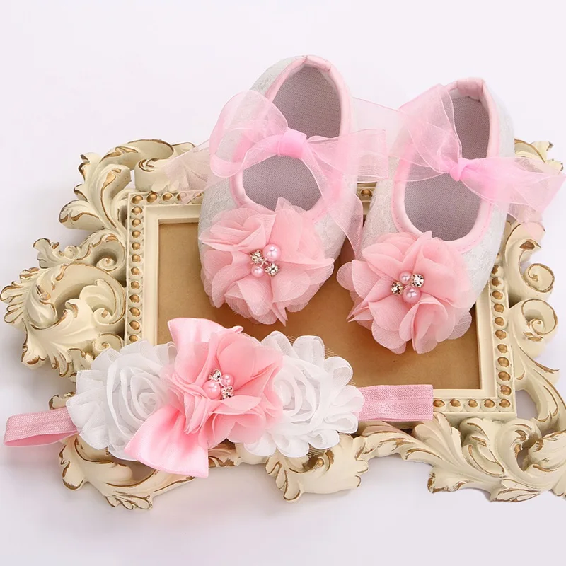 Kids Girls sapato bebe Rhinestone Flower baptism baby Shoe Headband Set Ballerina Shoes Baby Shower Slippers Boutique 3 set/lot |