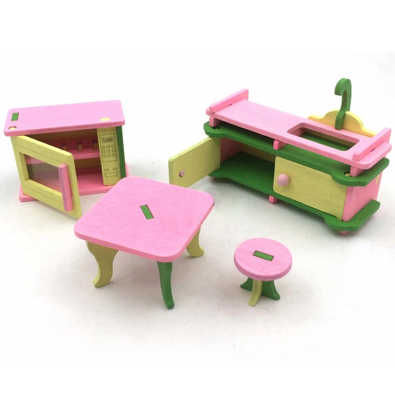 

T01-X584 New children gift kids wooden toy Furniture doll house set DIY Educational Toys kitchen with Microwave 1set