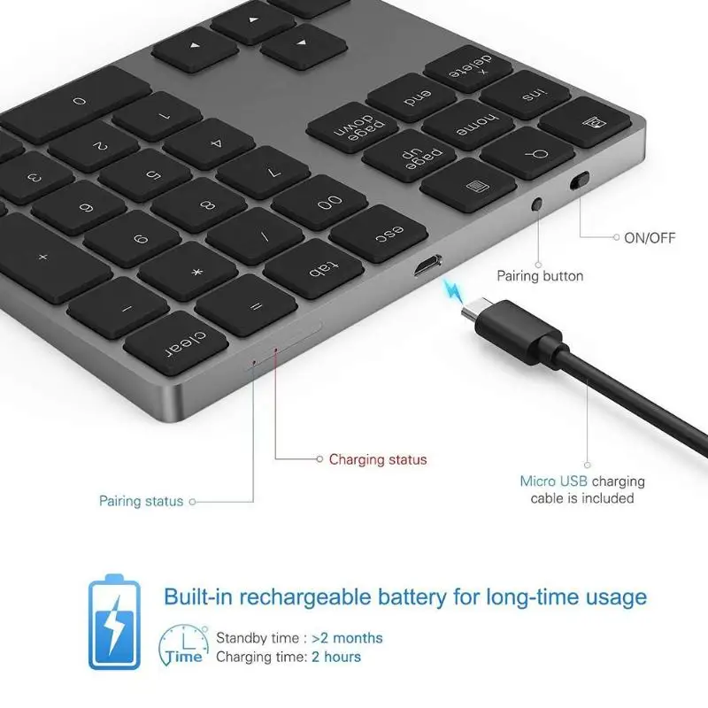 VKTECH сплав 34 клавиши Bluetooth беспроводная цифровая клавиатура, цифровая клавиатура для Windows, IOS, Mac OS, Android, планшет, ноутбук PC