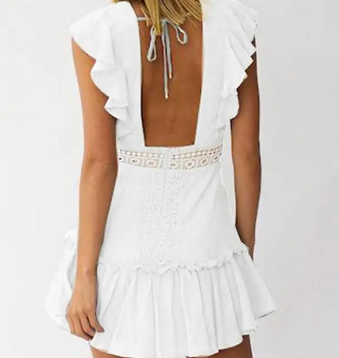 Осень 2019 винтажное белое кружевное женское платье с глубоким v-образным вырезом