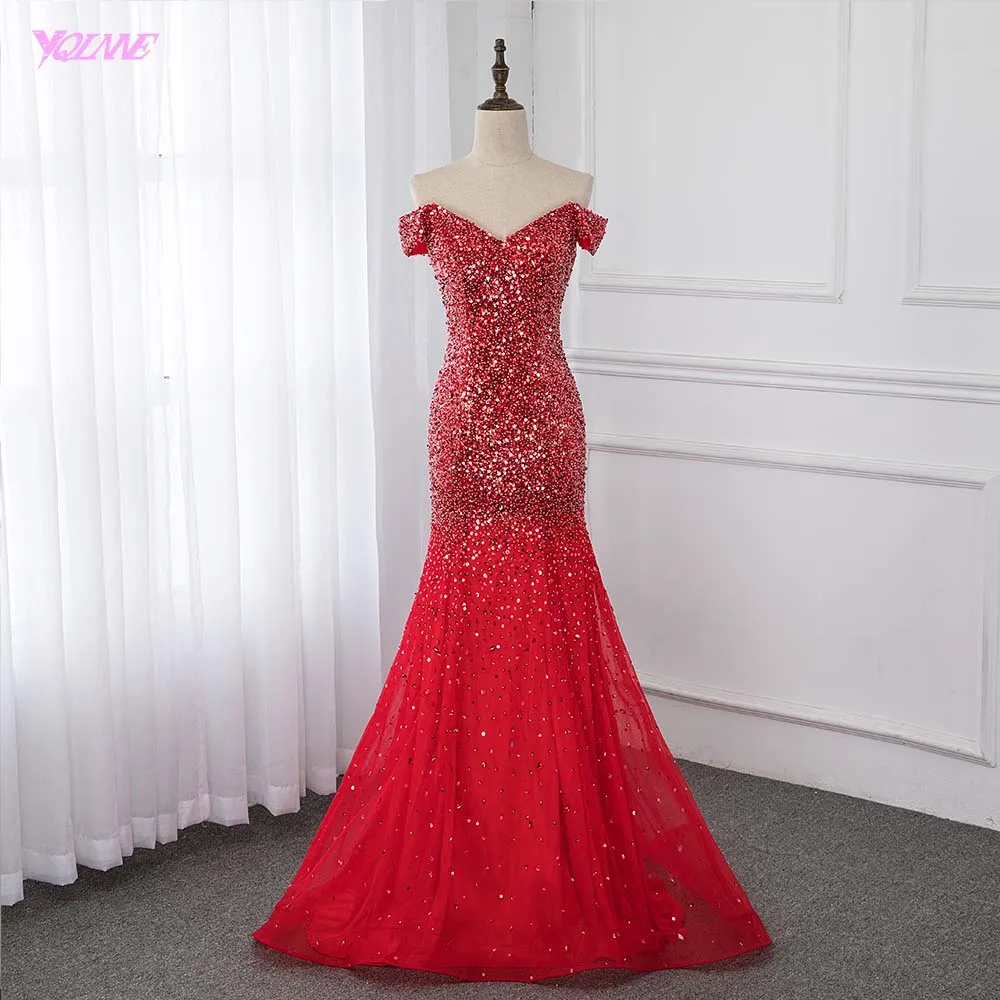 Off Shoulder Red Mermaid Evening Dress 2019 Formal Dresses Gown Competition Robe de Soiree Sequin Beading Tulle YQLNNE | Свадьбы и