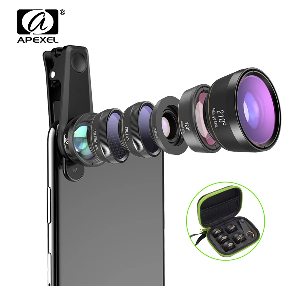 APEXEL роскошный 6в1 широкоугольный объектив телефона для iPhone Универсальный макро