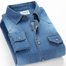 Schinteon delgada-camisa vaquera de manga larga para hombre...