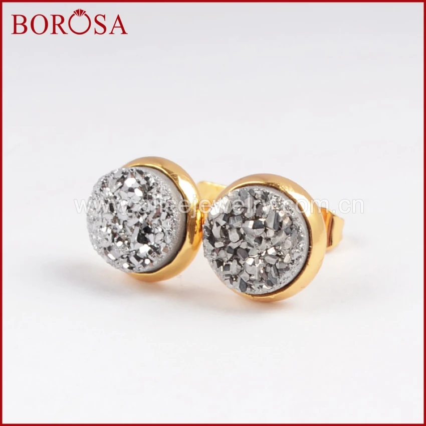 BOROSA Бесплатная доставка 8 мм золото цвет кристалл Druzy Titanium серьги гвоздики модные