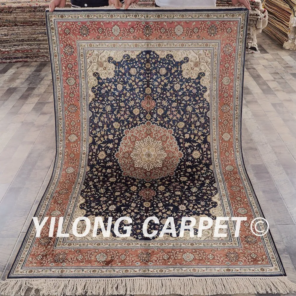 YILONG 4 'x 6' Тебриз Шелковый выгодный ковер антикварные синие иранские коврики
