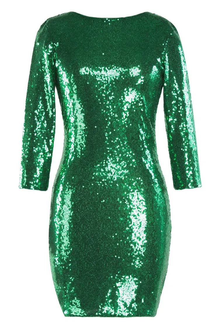 Dunayskiy Women Spring Sexy Slim 8 Colors Sequined O-Neck Dresses Female Backless Three Quarter Sleeve Shiny Mini Party Dresses