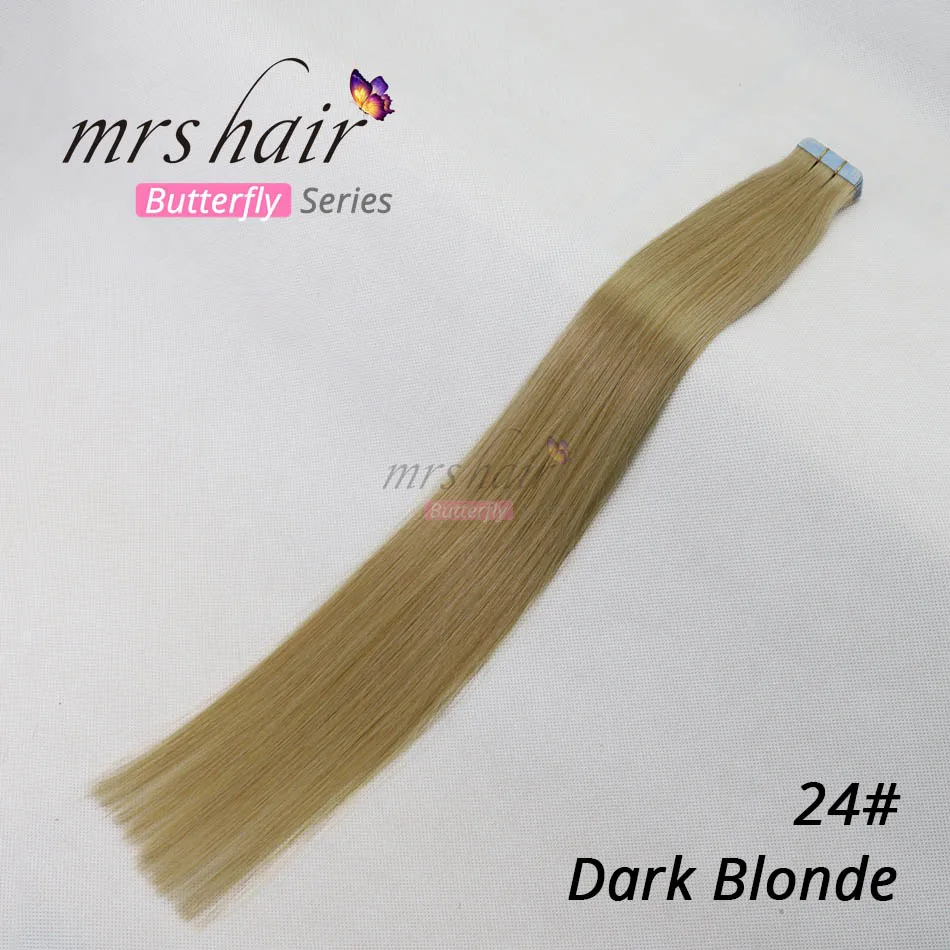 #24 MRSHAIR, 12 дюймов, пряди человеческих волос для наращивания, прямые волосы remy на клейкой ленте, искусственная кожа, уток, невидимый, 20 шт - Цвет: #24