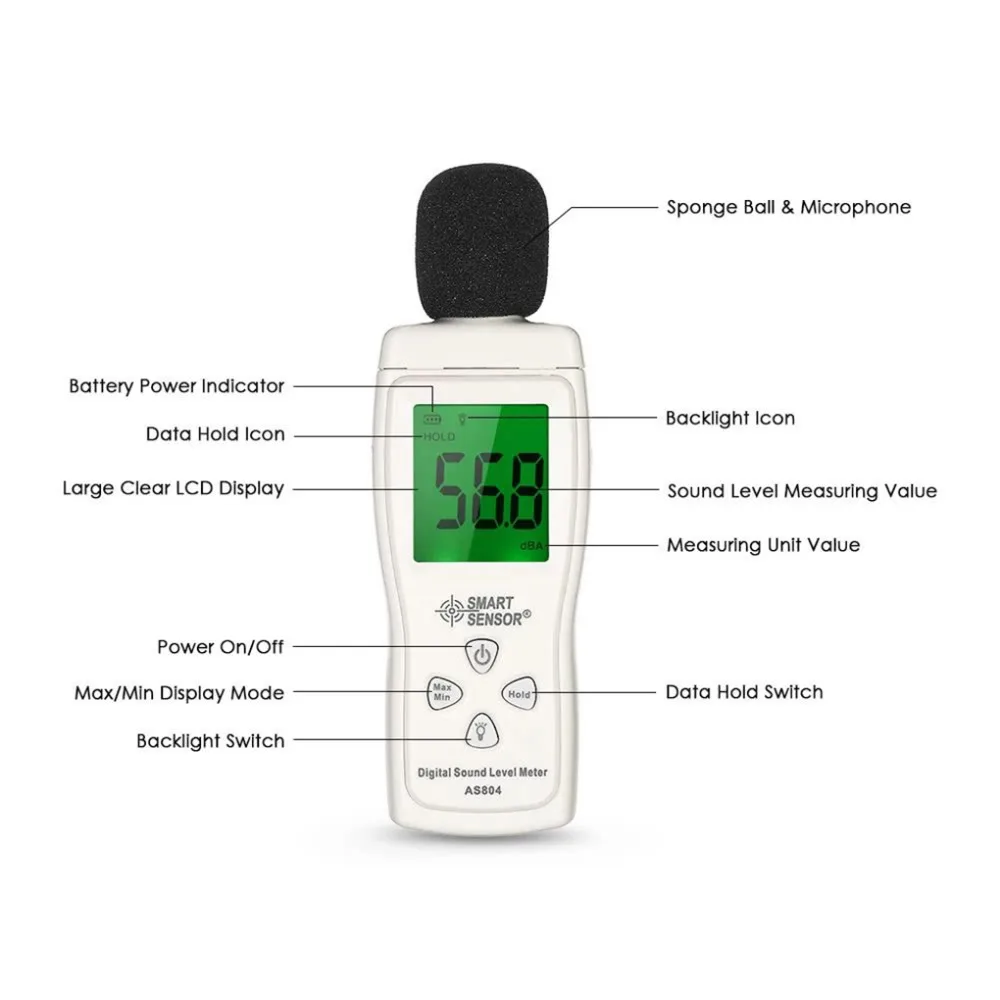 AS804 измеритель децибел цифровой уровня звука 30dB-130dB Ручной ЖК-цифровой тестер