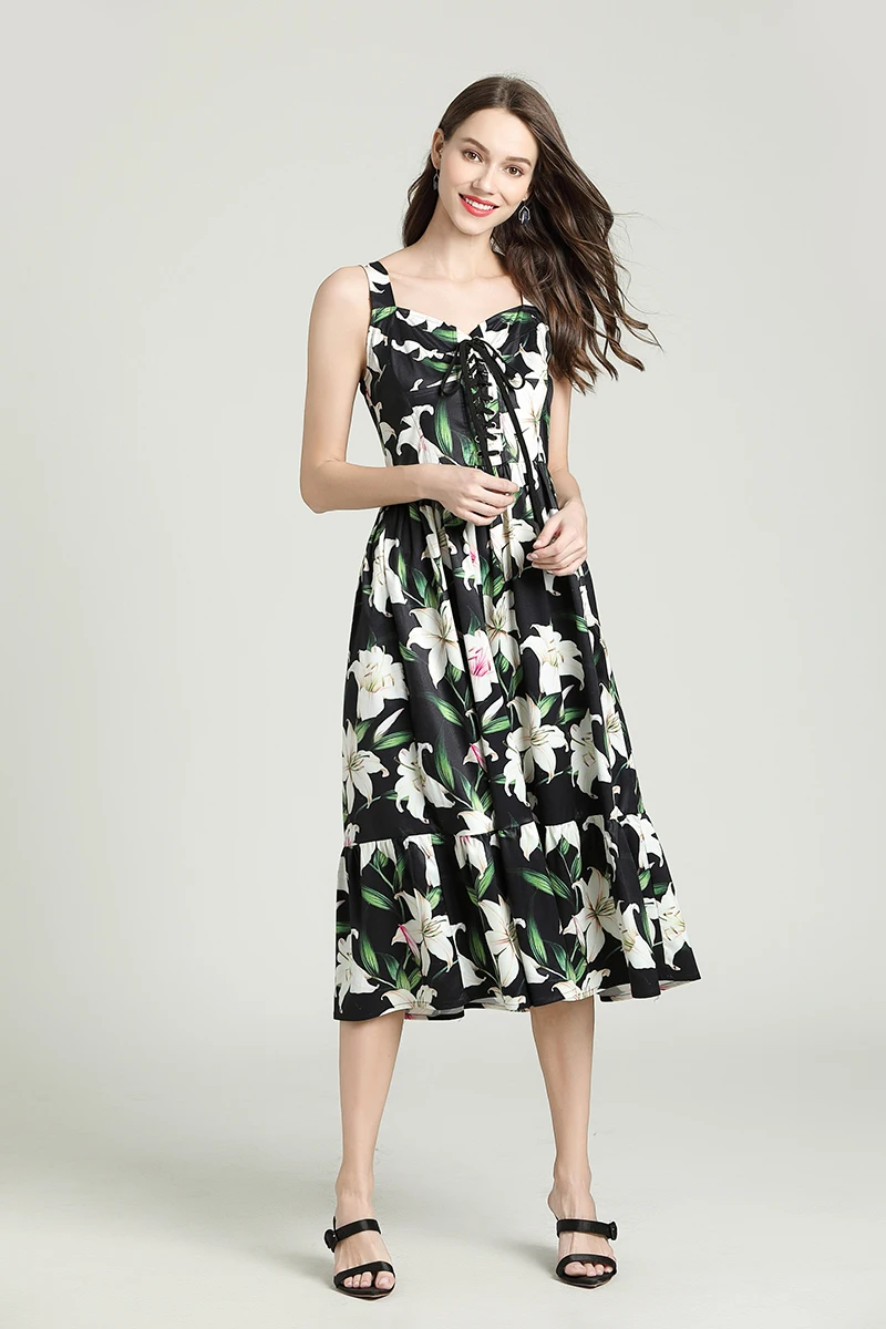 Женское платье на бретельках подиумное хлопковое пляжное с цветочным принтом