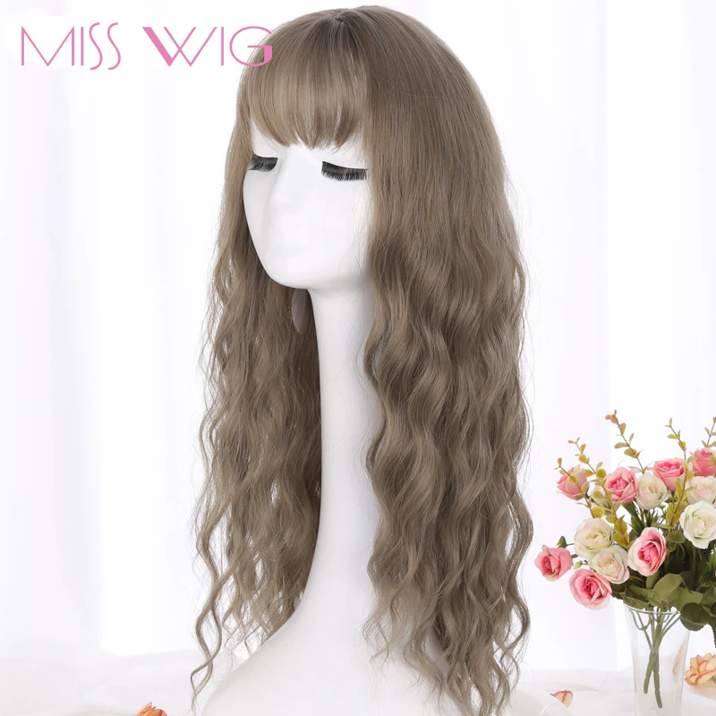 Длинные Серые и коричневые женские парики MISS WIG с челкой термостойкие