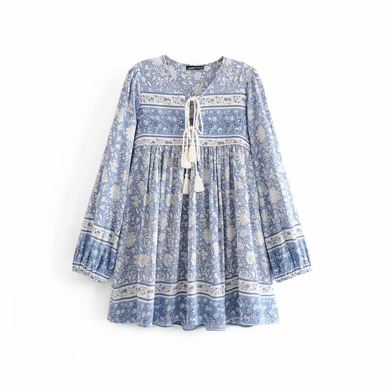 as picture Boho Chic женское цветочное фарфоровое платье с длинным рукавом и кисточками, Пляжное богемное мини-платье, Дамское Платье happie из вискозы с v-образным вырезом - Цвет: as picture