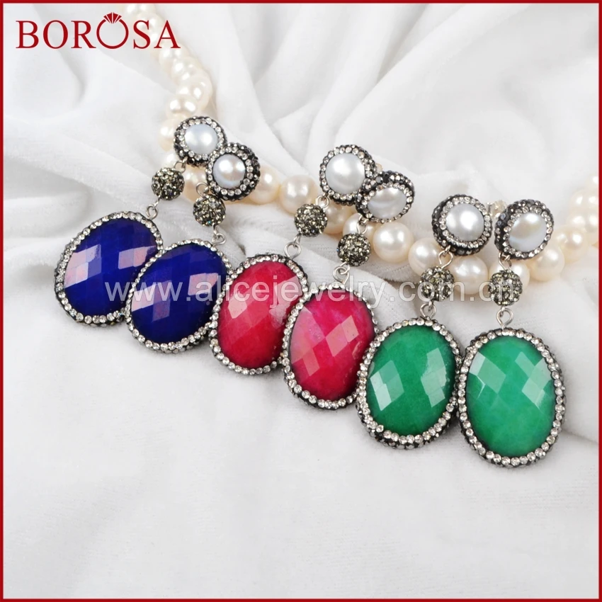 Borosa овальной окрашенные камень Drusy Висячие серьги с круглым натуральный жемчуг