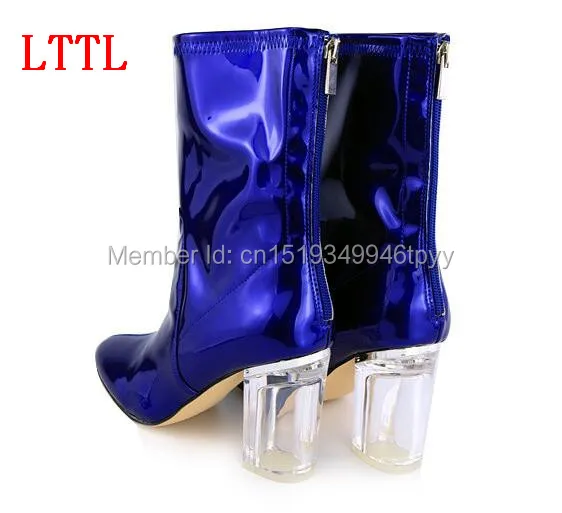 2016 Женские королевские печатные синие средние ботинки новой моды с острым носом