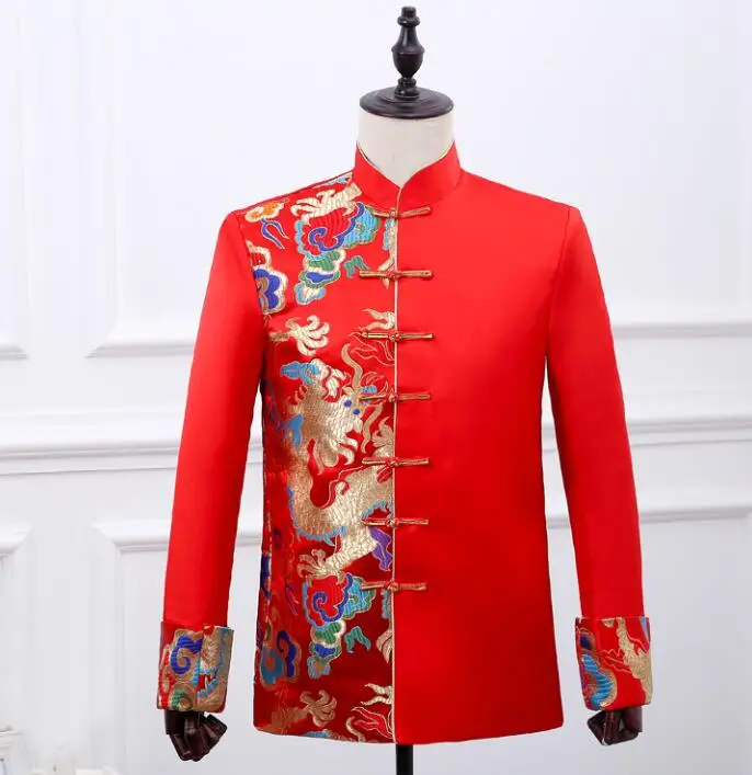 

Красный Блейзер, мужское официальное платье, последний пиджак, брюки, дизайнерский костюм, Мужская китайская туника с драконом, брюки для св...