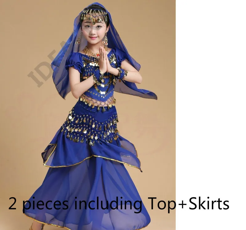 blue 2pcs Индийский танец живота Болливуд танцевальные костюмы для детей набор профессиональных детей девочек Восточный Танец Топ юбка хип шарф - Цвет: blue 2pcs