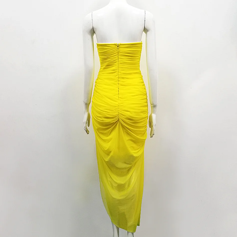 Очаровательное облегающее Сетчатое платье без бретелек с рюшами рукавов