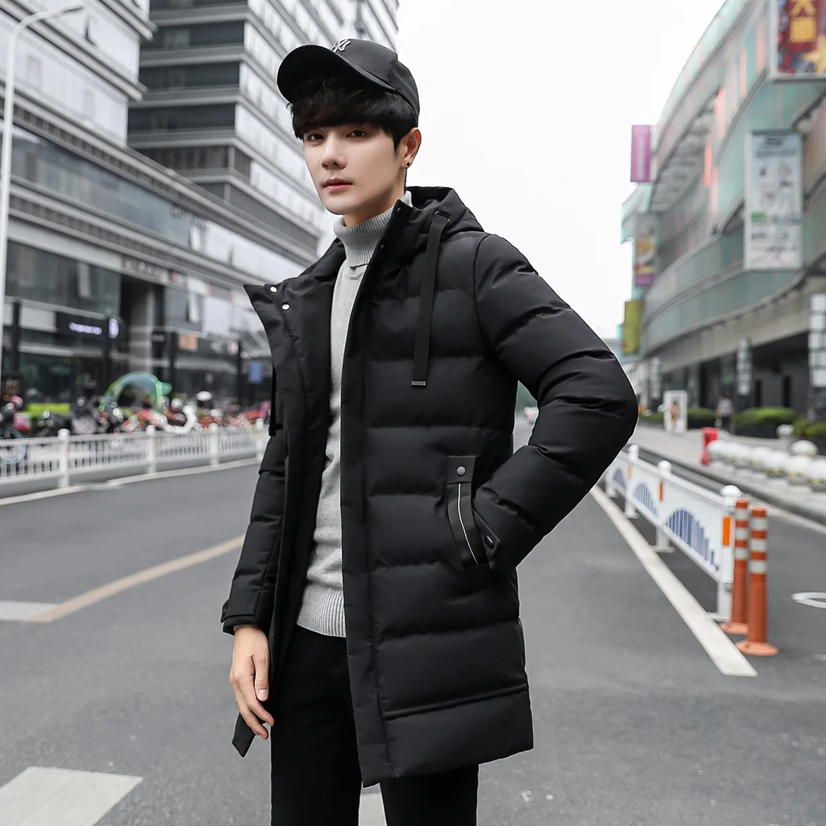 Fashion Mens cotton thick coat long cotton-padded jacket coat hooded thick long clothing Korean Youth leisure cotton winter L190
