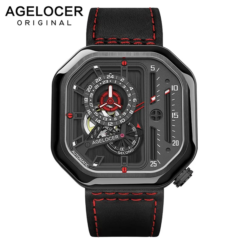 AGELOCER, Топ бренд, большие спортивные часы для мужчин, Супер Светящиеся стальные самовзводные механические часы, черные часы из натуральной кожи, часы 5801A - Цвет: 5804J4