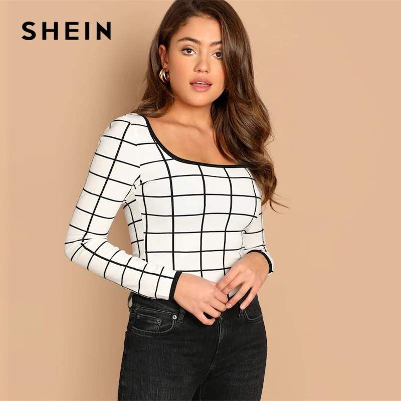 SHEIN Белый контрастный сетчатый ковш на шее, Приталенная футболка с длинным рукавом, весна, повседневная женская Современная женская футболка Highstreet