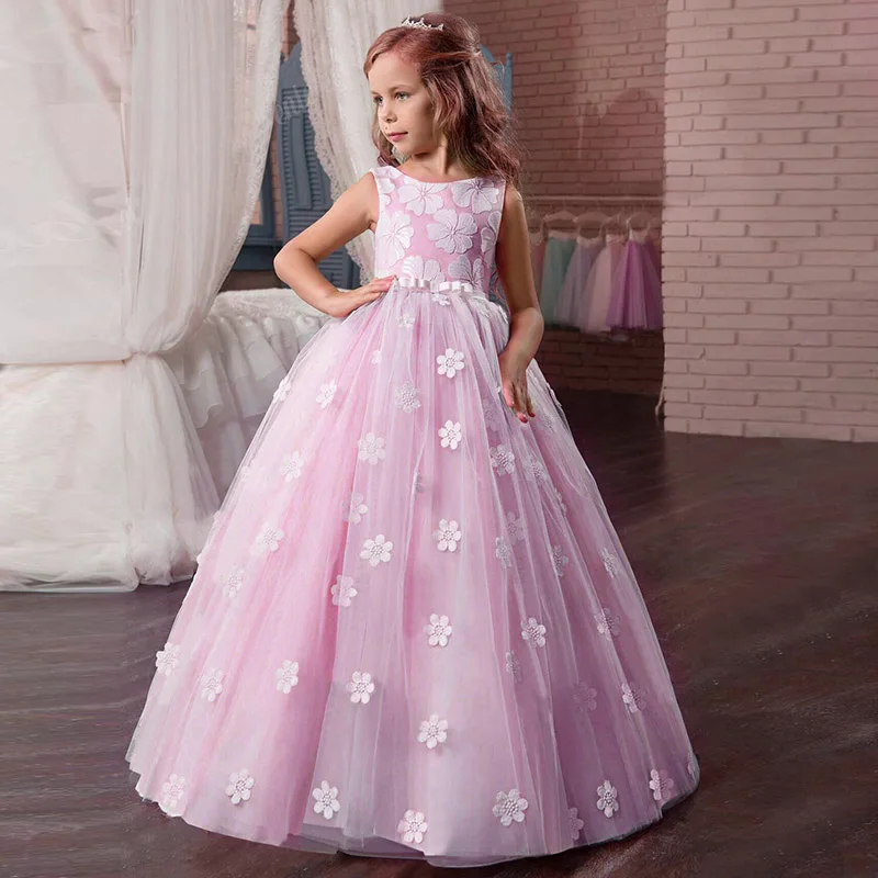 pink Flower Girl Wedding Party Little Bridesmaid Banquet Tail Embroidery Dress Girl's Birthday Party Dinner Party First Dinner Dress - Цвет: pink