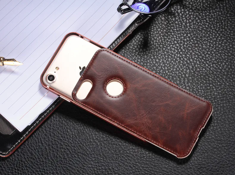 Деловая металлическая рамка + кожаный чехол для телефона iPhone 7 6 6S Plus задняя крышка