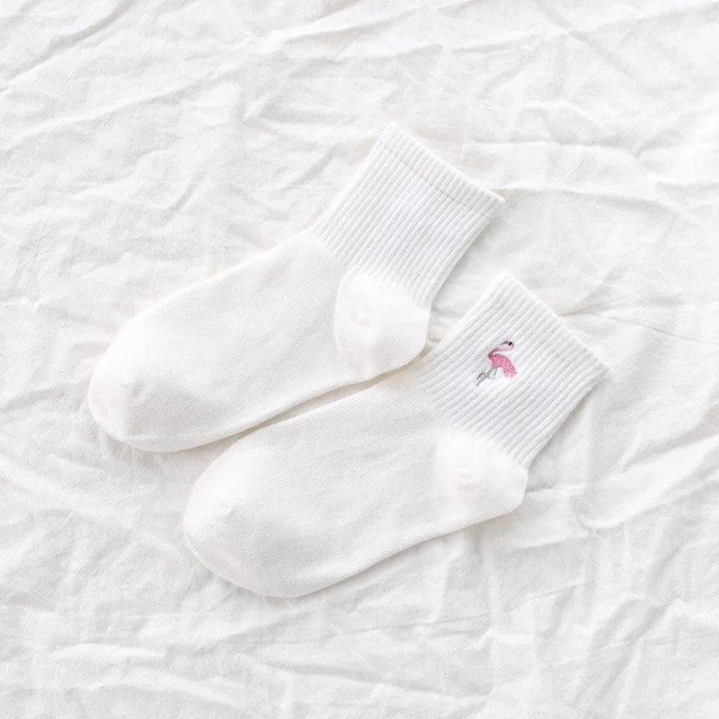 White Socks Милые забавные Женские носочки в японском стиле Харадзюку с изображением фламинго; милые носки с вышивкой в виде животных; Новинка; хлопковые носки; Calcetines Mujer - Цвет: White Socks