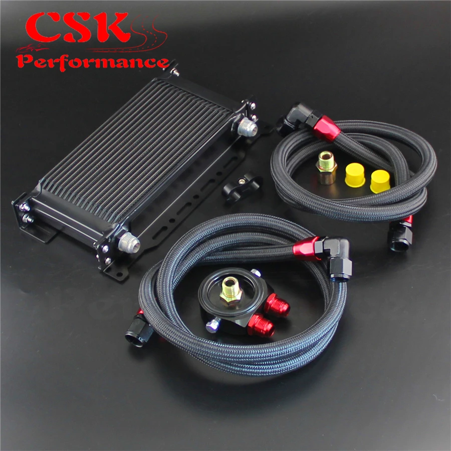 

Black 19 Row Oil cooler w/ Bracket + Filter Adapter Hose Kit For Japan Car