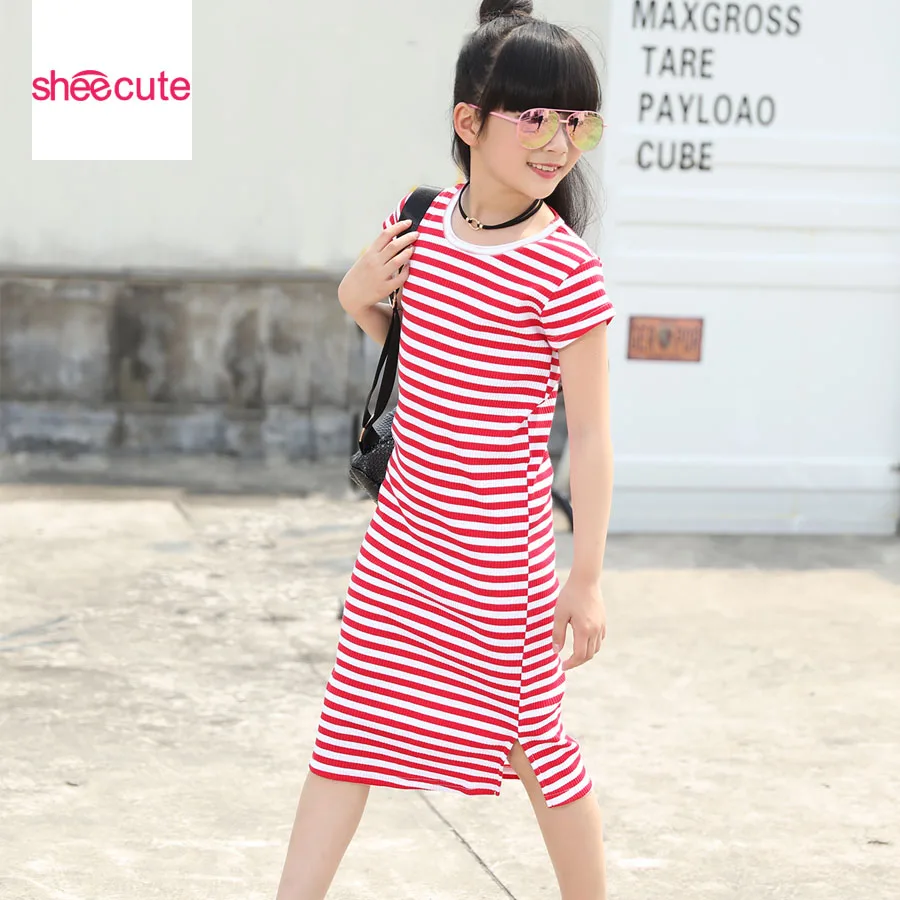 

SheeCute Summer Girls Knee Length Short Sleeve Casual Cotton Striped Dress SDS979