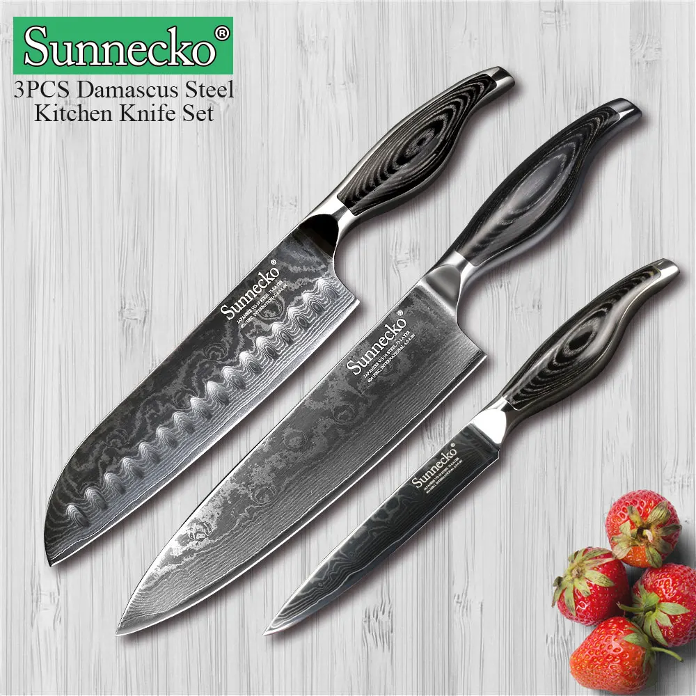 SUNNECKO 3 шт. Дамасские кухонные ножи Набор Santoku шеф повара нож японский VG10 стальная