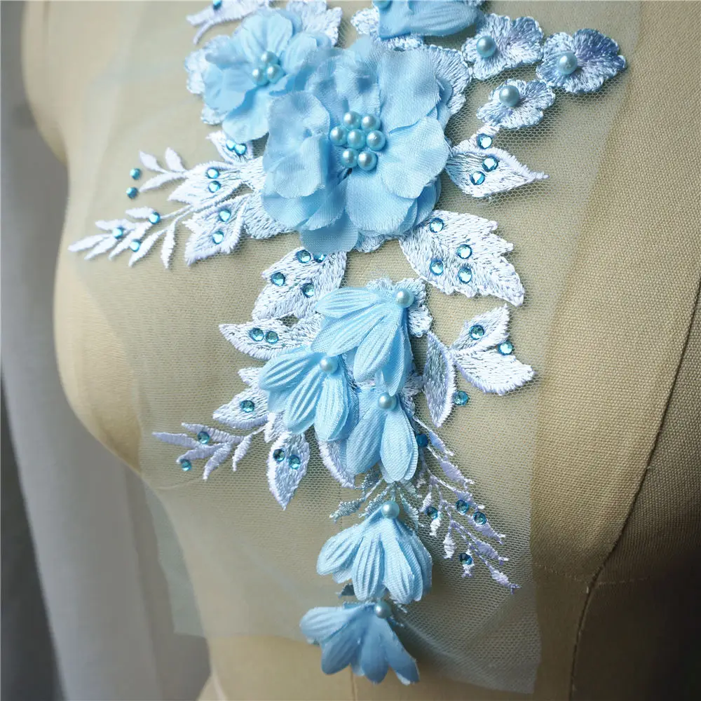 Небесно Голубой 3D цветы бисер стразы вышивка свадебное платье украшения сетка