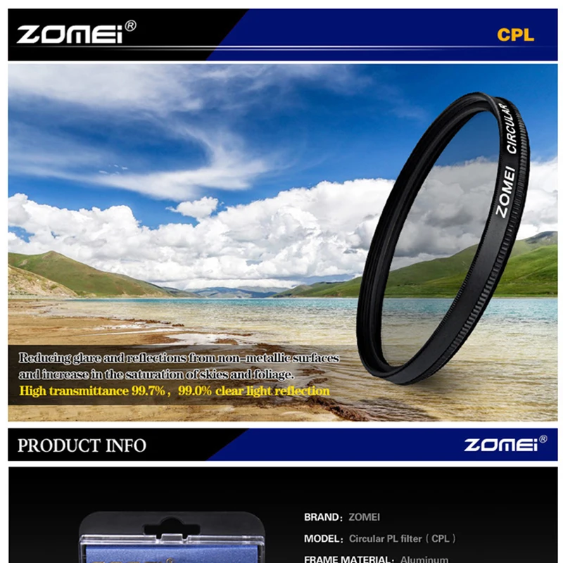 ZOMEI HD Оптическое стекло CPL фильтр тонкий многослойный круговой поляризатор